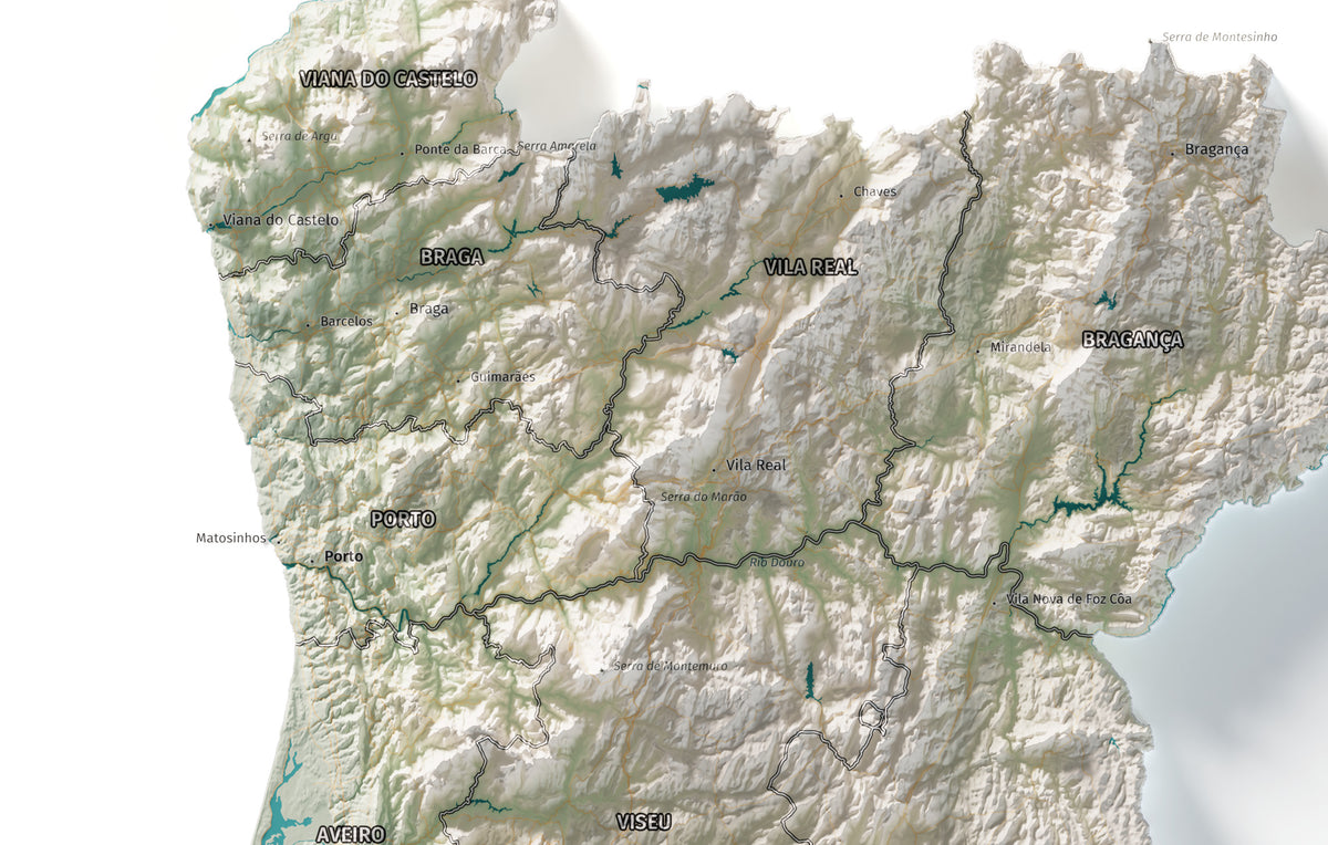 Mapa del relieve de Portugal continental · Cartográfico · 70 × 100 cm · Detalle del norte