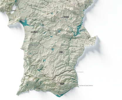 Mapa del relieve de Portugal continental · Cartográfico · 70 × 100 cm · Detalle del sur