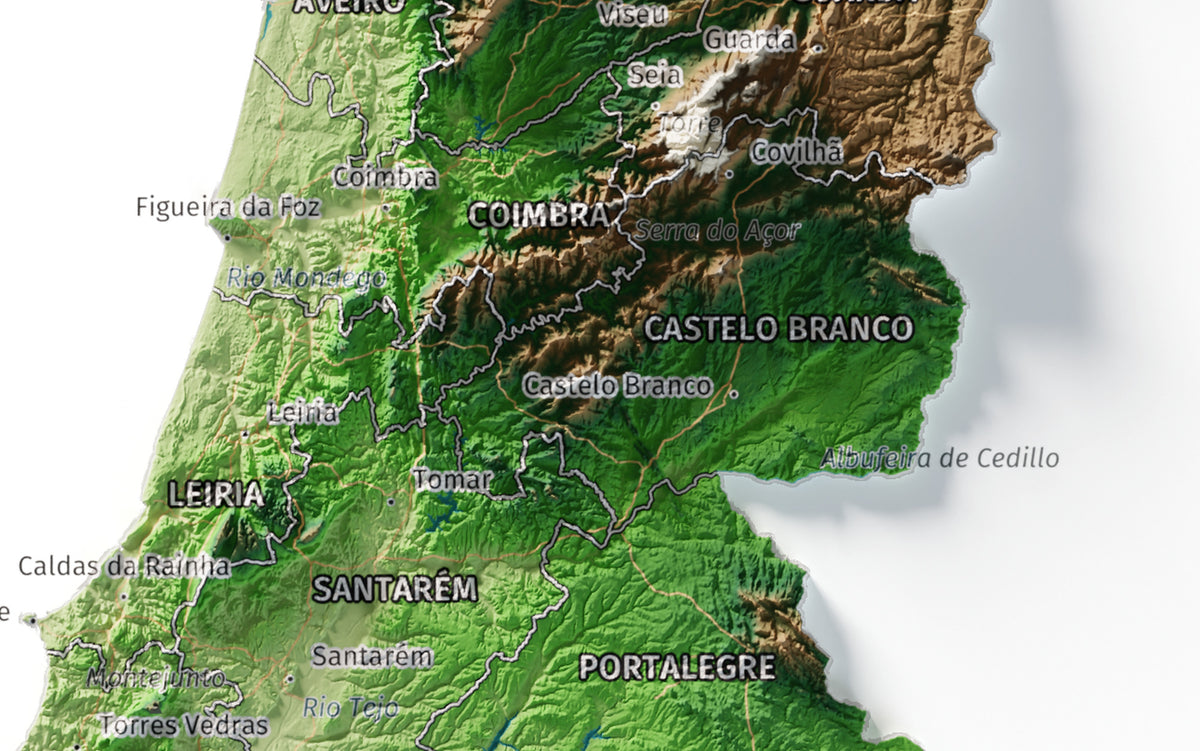 Mapa del relieve de Portugal continental · Clásico · 21 × 30 cm · Detalle del centro