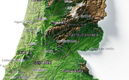 Mapa del relieve de Portugal continental · Clásico · 21 × 30 cm · Detalle del centro