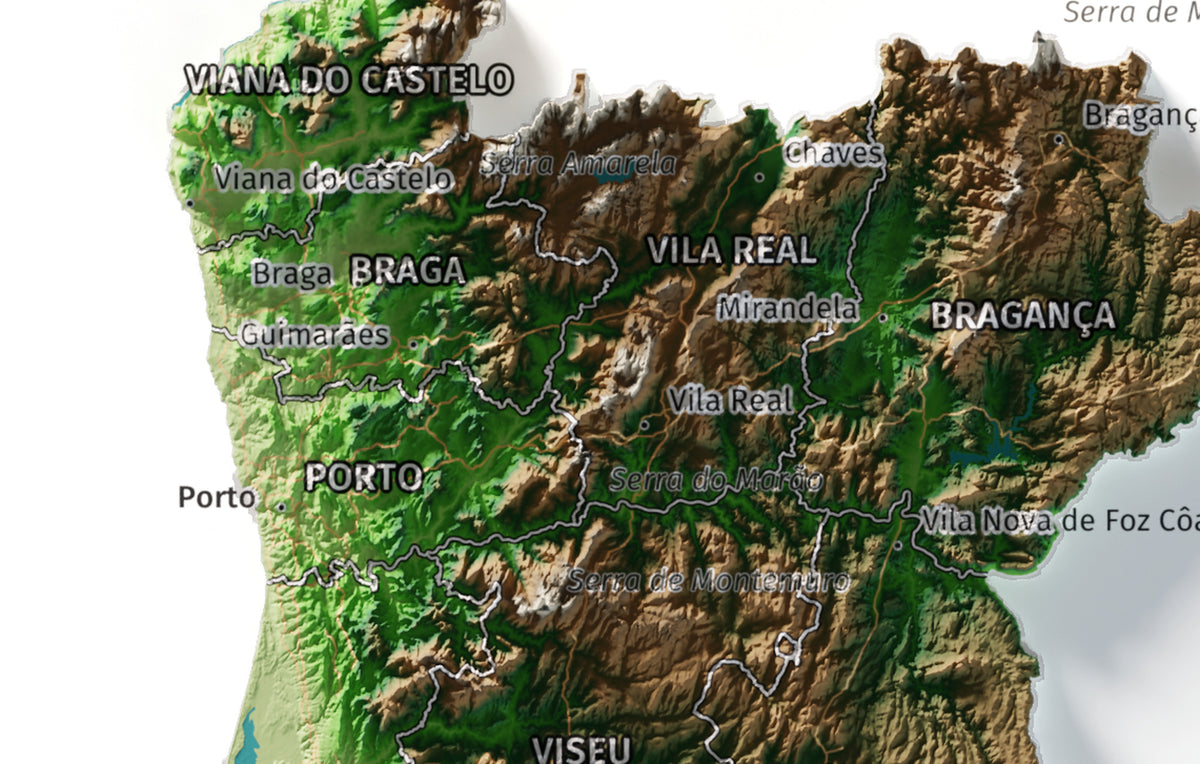 Mapa del relieve de Portugal continental · Clásico · 21 × 30 cm · Detalle del norte