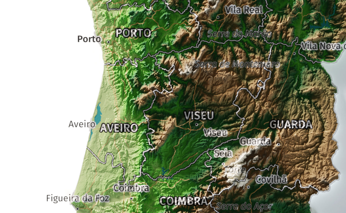 Mapa del relieve de Portugal continental · Clásico · 21 × 30 cm · Ciudades y límites administrativos