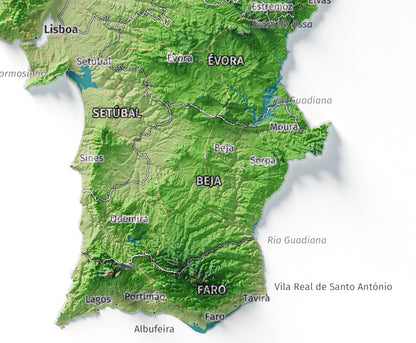 Mapa del relieve de Portugal continental · Clásico · 21 × 30 cm · Detalle del sur