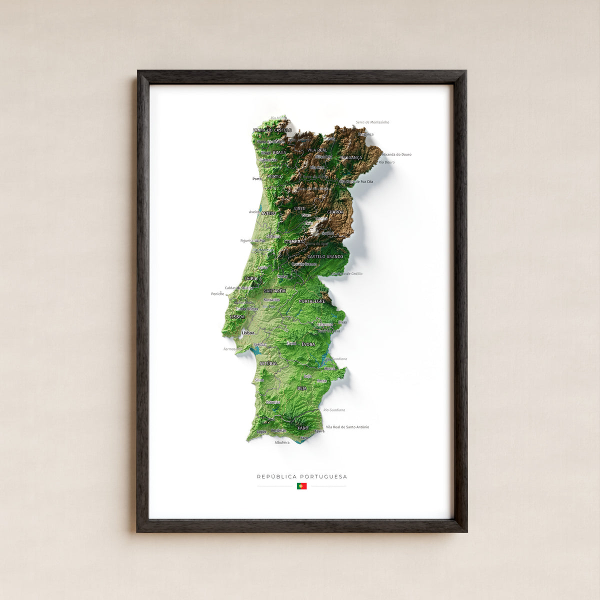 Mapa del relieve de Portugal continental · Clásico · 21 × 30 cm · Lámina enmarcada