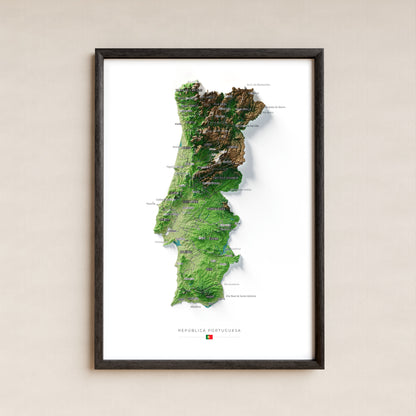 Mapa del relieve de Portugal continental · Clásico · 21 × 30 cm · Lámina enmarcada