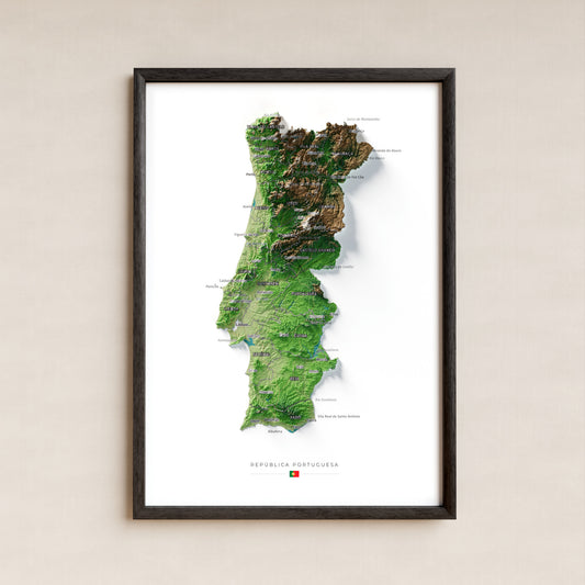 Mapa del relieve de Portugal continental · Clásico · 21 × 30 cm · Lámina enmarcada