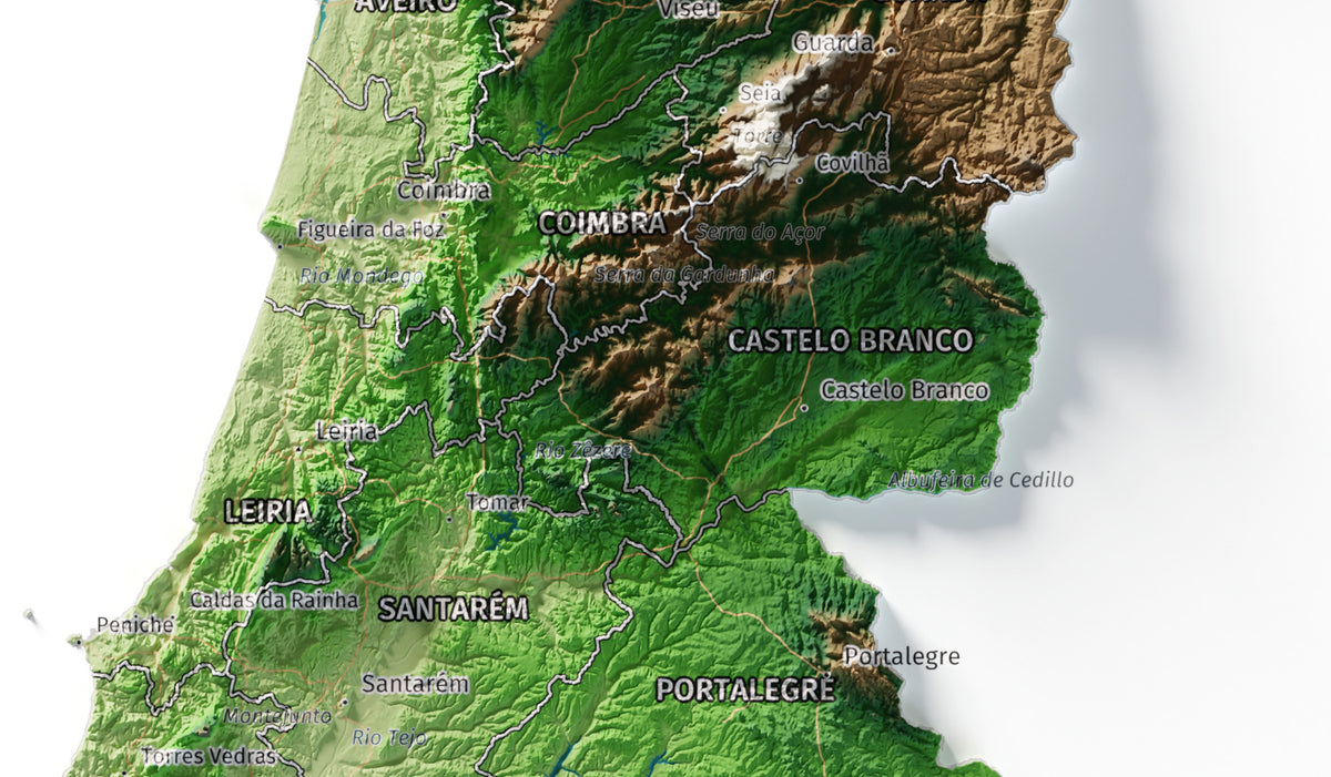 Mapa del relieve de Portugal continental · Clásico · 30 × 40 cm · Detalle del centro