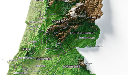 Mapa del relieve de Portugal continental · Clásico · 30 × 40 cm · Detalle del centro