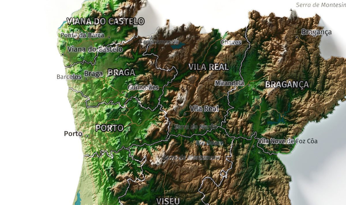 Mapa del relieve de Portugal continental · Clásico · 30 × 40 cm · Detalle del norte