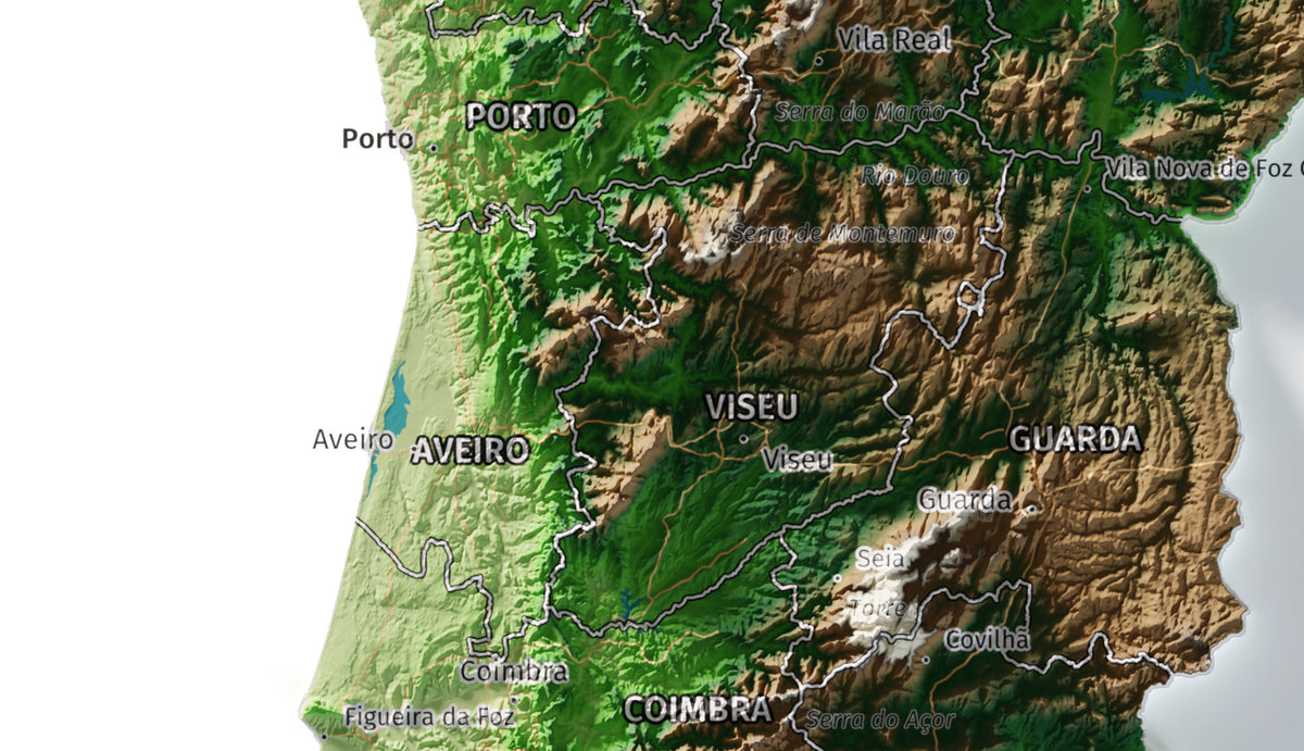 Mapa del relieve de Portugal continental · Clásico · 30 × 40 cm · Ciudades y límites administrativos