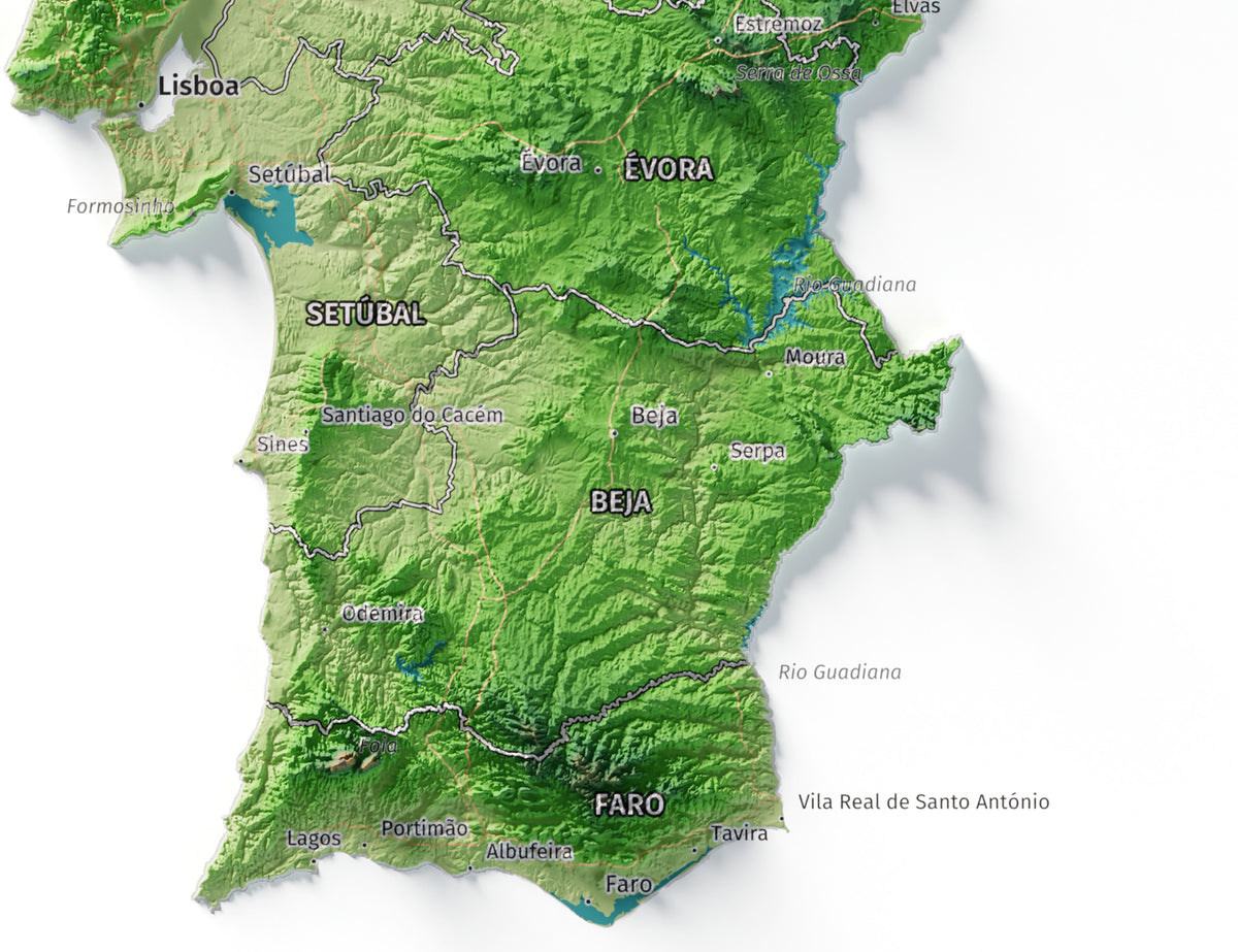 Mapa del relieve de Portugal continental · Clásico · 30 × 40 cm · Detalle del sur