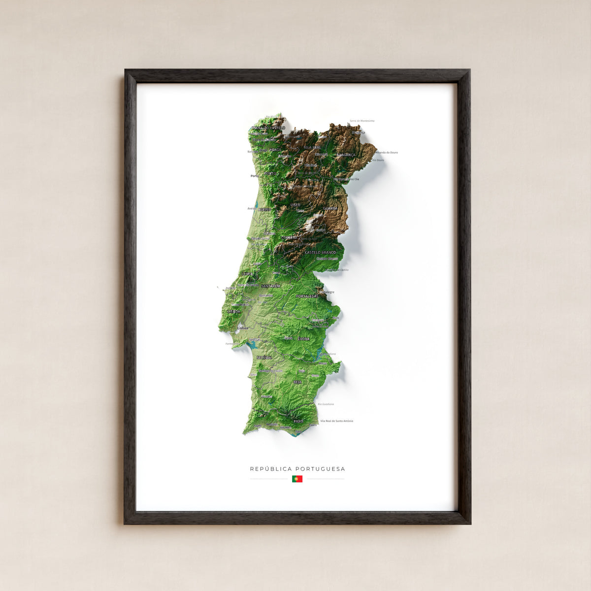 Mapa del relieve de Portugal continental · Clásico · 30 × 40 cm · Lámina enmarcada