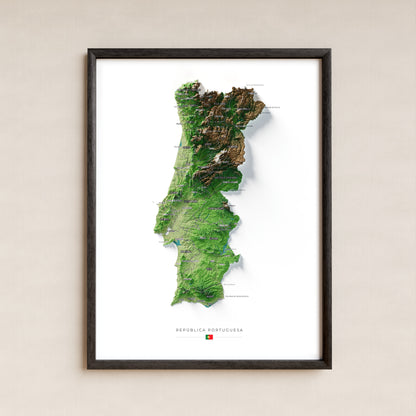 Mapa del relieve de Portugal continental · Clásico · 30 × 40 cm · Lámina enmarcada
