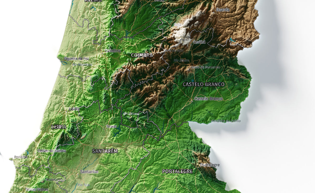 Mapa del relieve de Portugal continental · Clásico · 50 × 70 cm · Detalle del centro