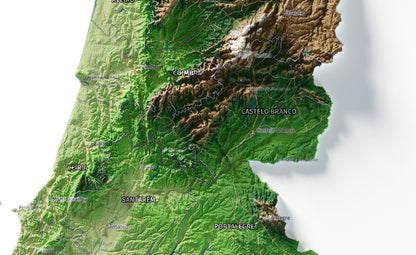 Mapa del relieve de Portugal continental · Clásico · 50 × 70 cm · Detalle del centro