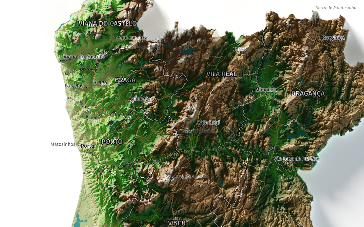 Mapa del relieve de Portugal continental · Clásico · 50 × 70 cm · Detalle del norte
