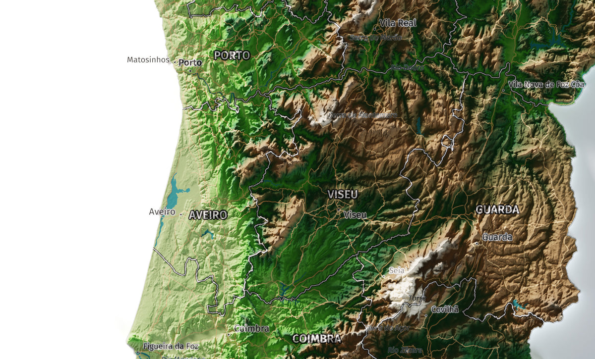 Mapa del relieve de Portugal continental · Clásico · 50 × 70 cm · Ciudades y límites administrativos