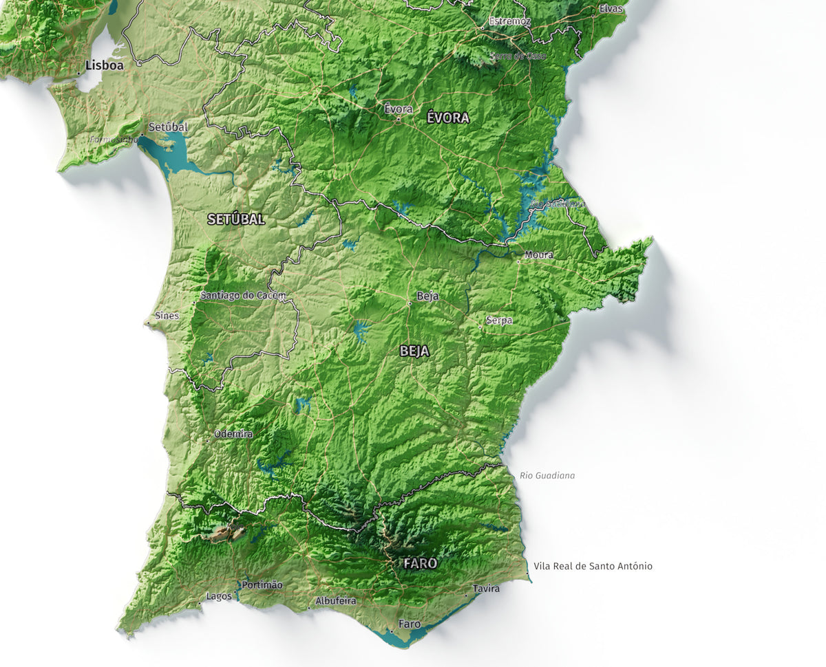 Mapa del relieve de Portugal continental · Clásico · 50 × 70 cm · Detalle del sur