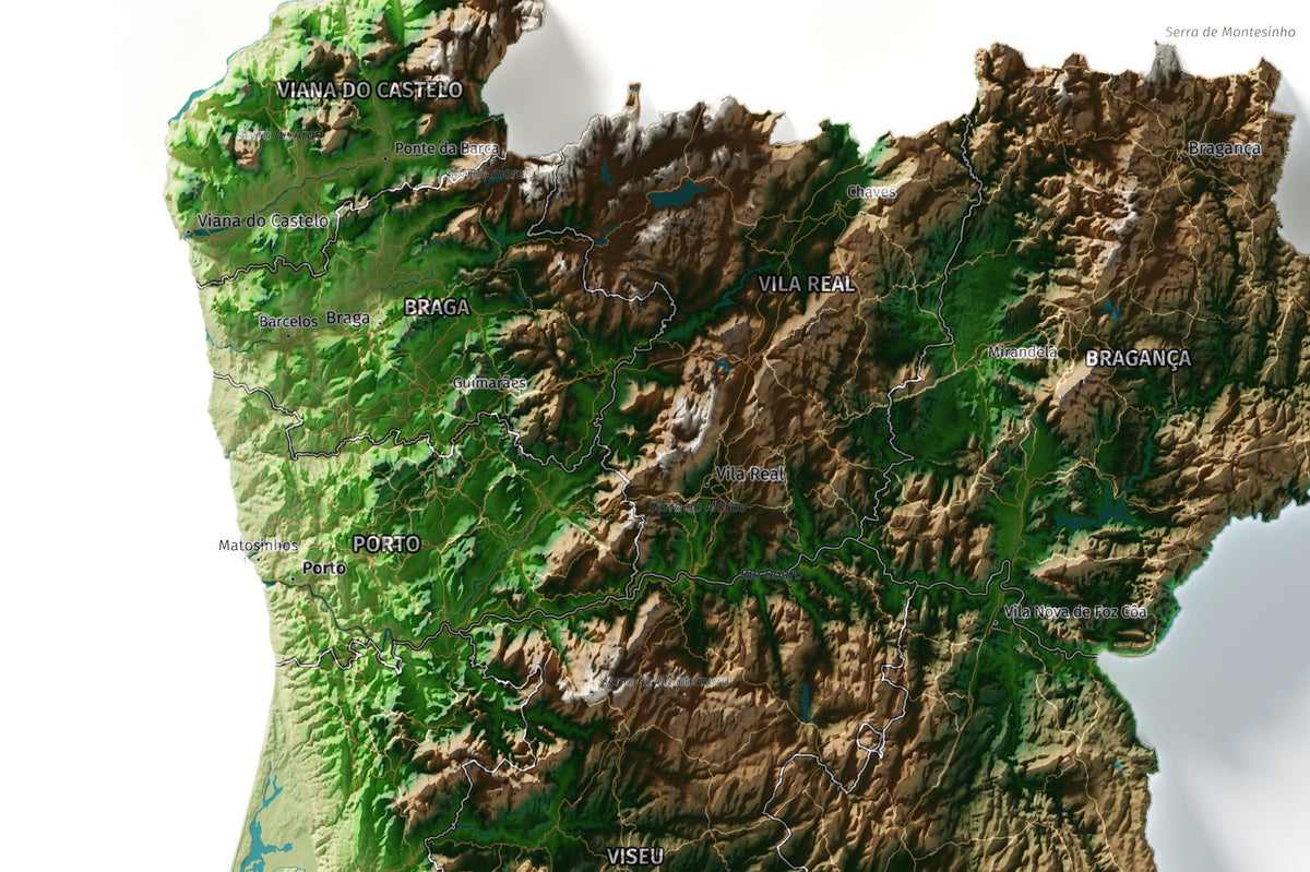 Mapa del relieve de Portugal continental · Clásico · 61 × 91 cm · Detalle del norte