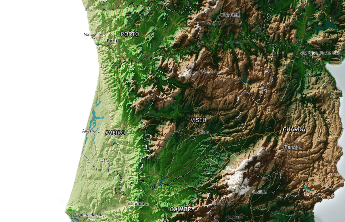 Mapa del relieve de Portugal continental · Clásico · 61 × 91 cm · Ciudades y límites administrativos