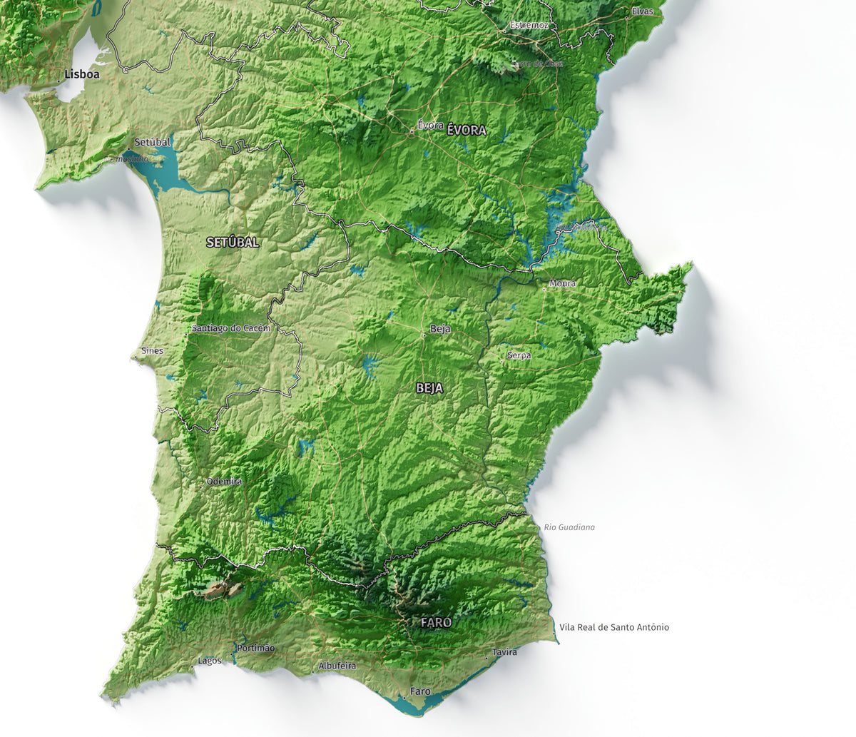 Mapa del relieve de Portugal continental · Clásico · 61 × 91 cm · Detalle del sur