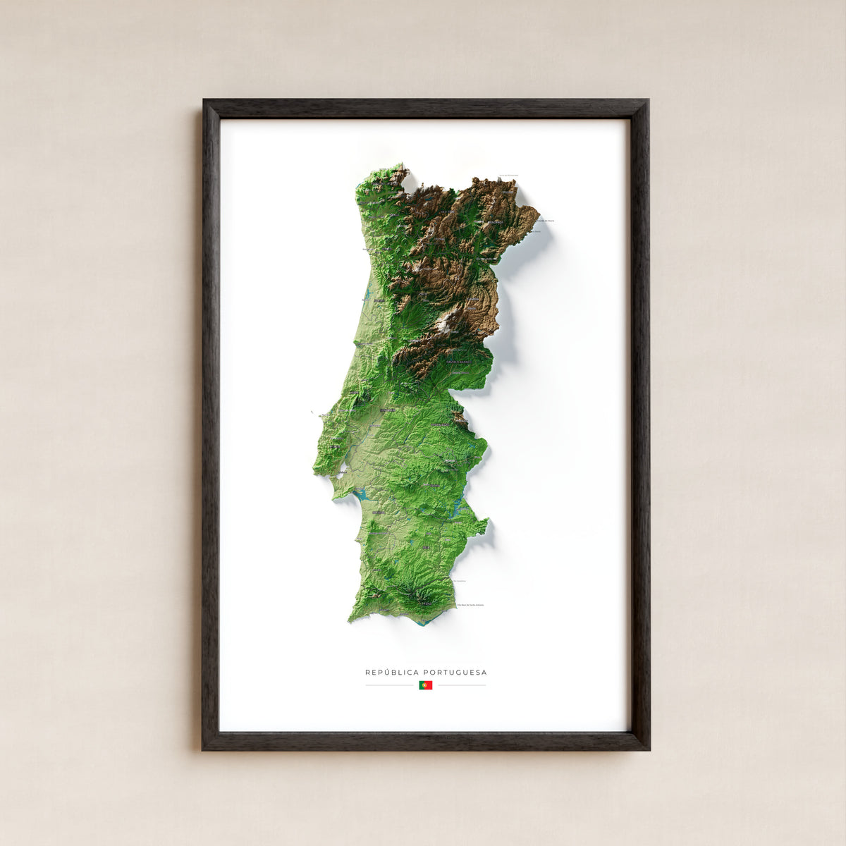Mapa del relieve de Portugal continental · Clásico · 61 × 91 cm · Lámina enmarcada