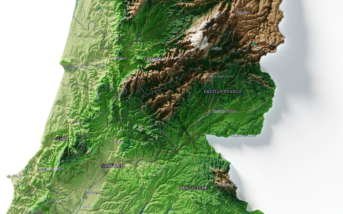 Mapa del relieve de Portugal continental · Clásico · 70 × 100 cm · Detalle del centro