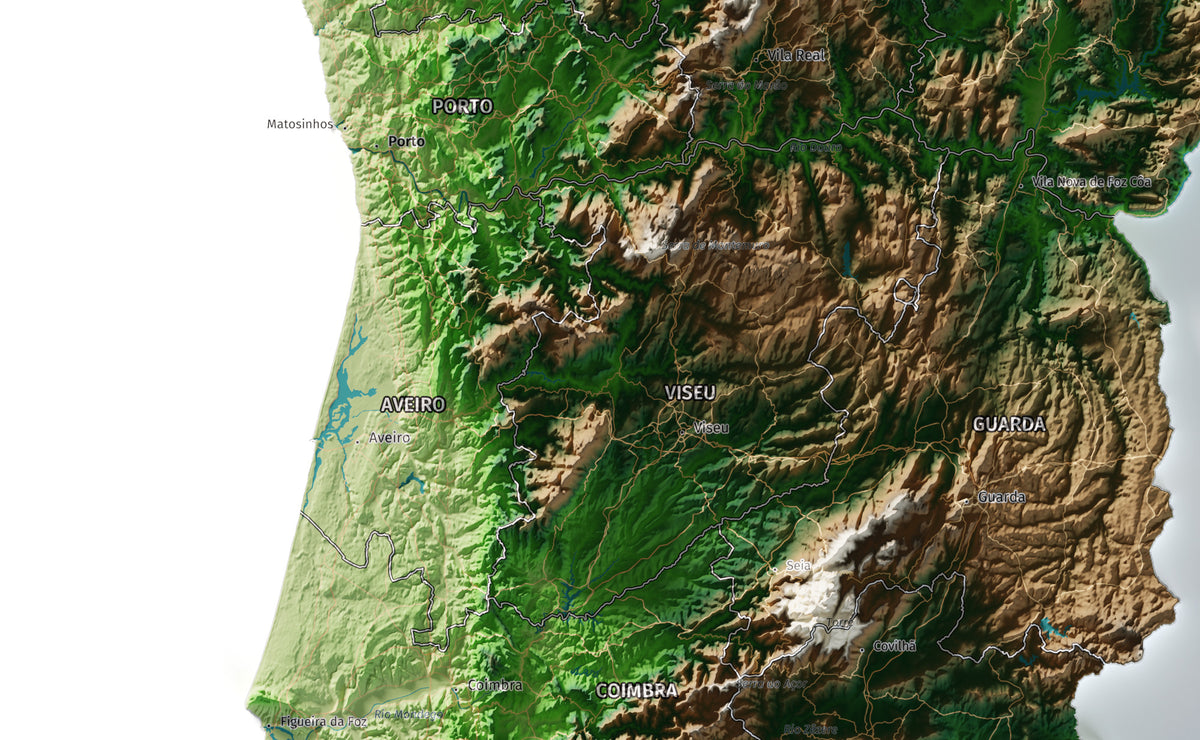 Mapa del relieve de Portugal continental · Clásico · 70 × 100 cm · Ciudades y límites administrativos