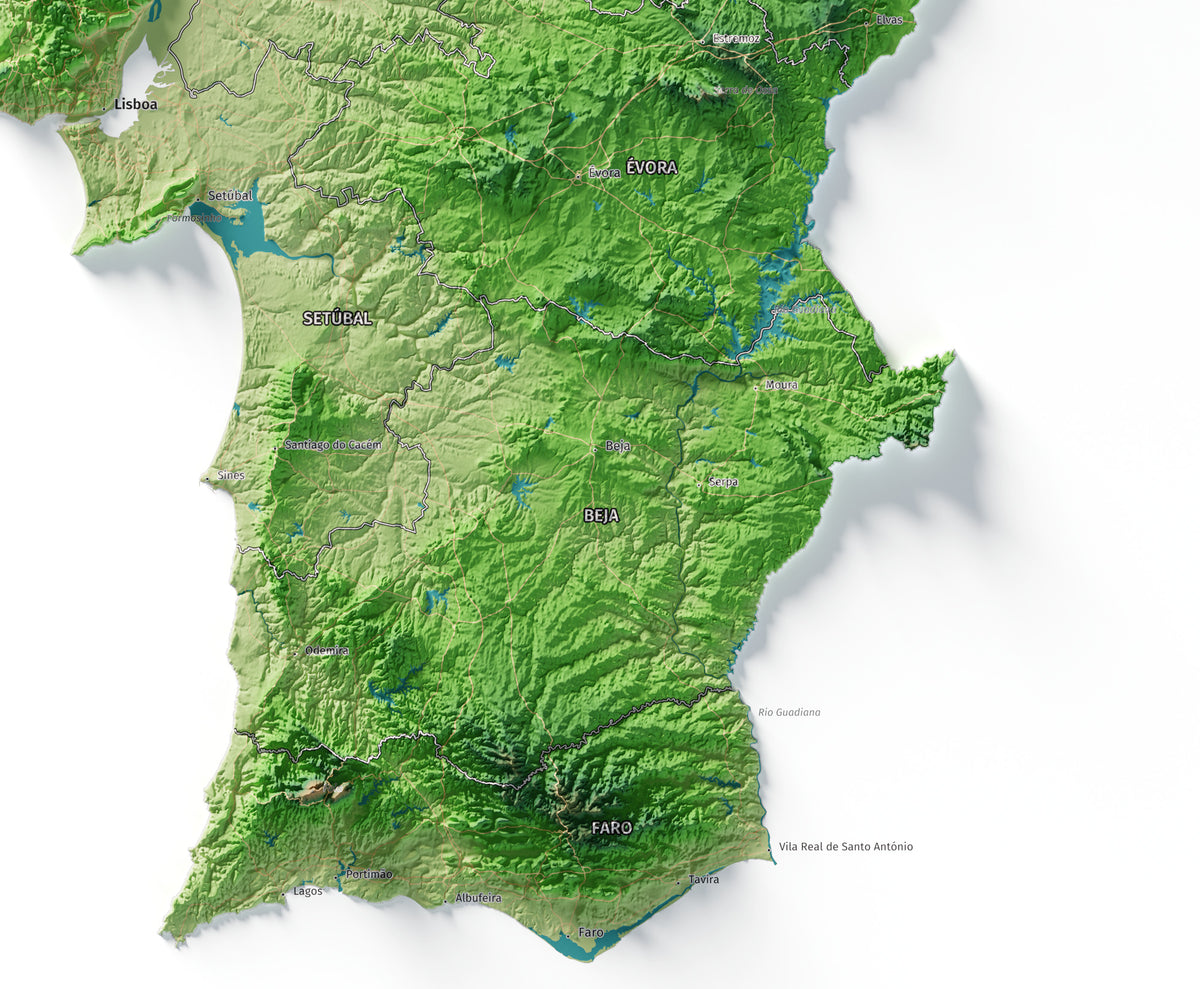 Mapa del relieve de Portugal continental · Clásico · 70 × 100 cm · Detalle del sur
