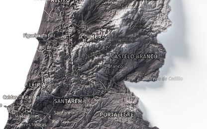 Mapa del relieve de Portugal continental · Gris lavanda · 21 × 30 cm · Detalle del centro