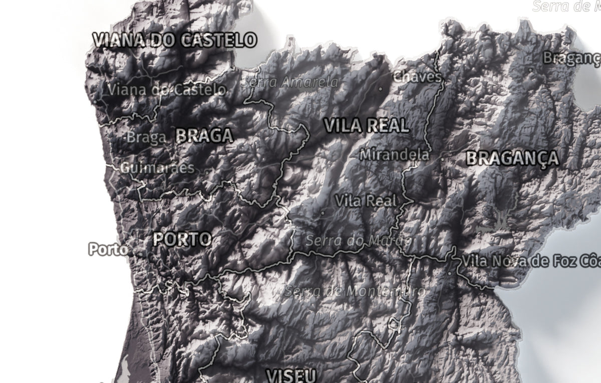 Mapa del relieve de Portugal continental · Gris lavanda · 21 × 30 cm · Detalle del norte