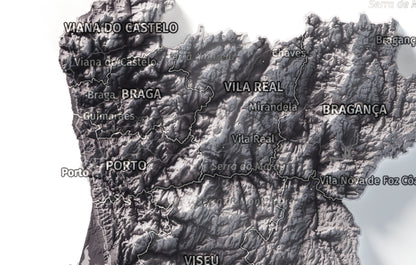 Mapa del relieve de Portugal continental · Gris lavanda · 21 × 30 cm · Detalle del norte