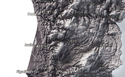 Mapa del relieve de Portugal continental · Gris lavanda · 21 × 30 cm · Ciudades y límites administrativos