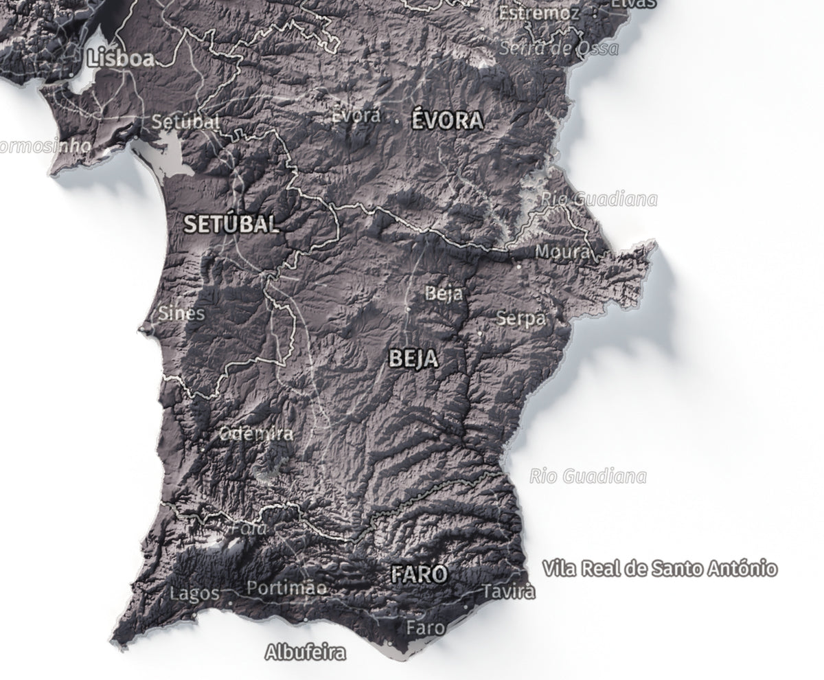 Mapa del relieve de Portugal continental · Gris lavanda · 21 × 30 cm · Detalle del sur