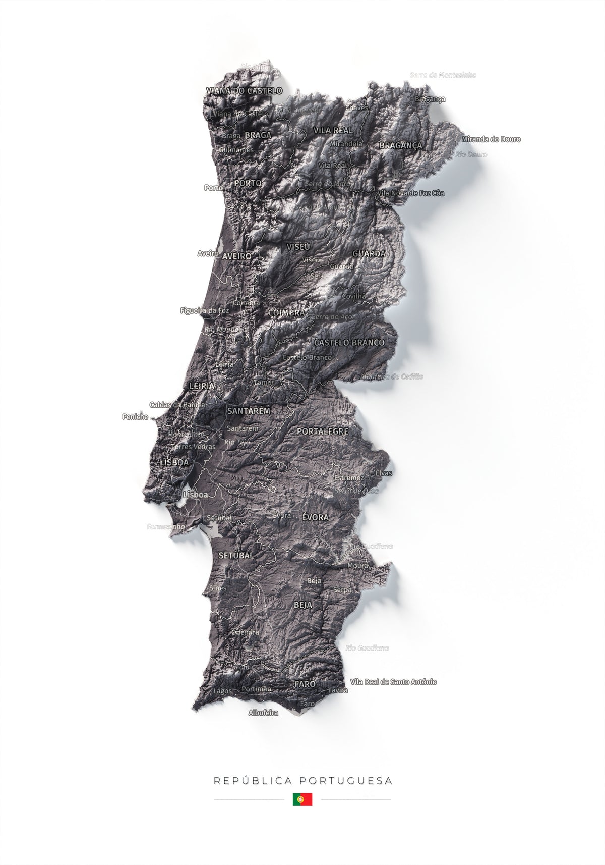 Mapa del relieve de Portugal continental · Gris lavanda · 21 × 30 cm · Vista completa