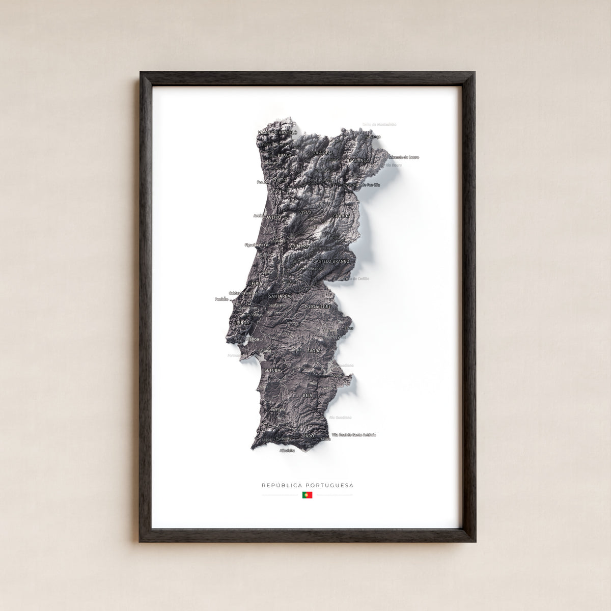 Mapa del relieve de Portugal continental · Gris lavanda · 21 × 30 cm · Lámina enmarcada