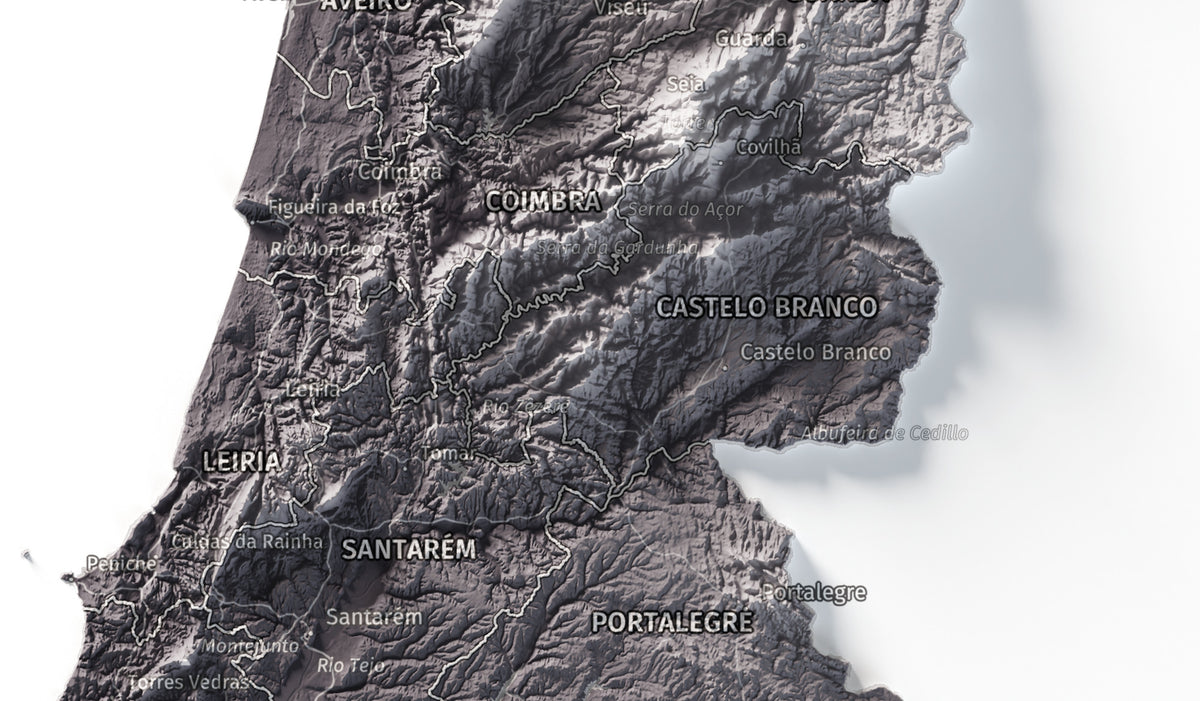 Mapa del relieve de Portugal continental · Gris lavanda · 30 × 40 cm · Detalle del centro