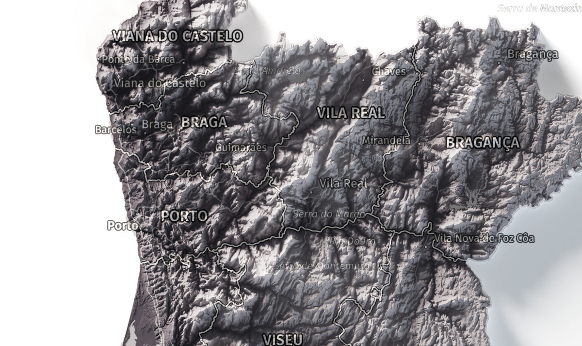 Mapa del relieve de Portugal continental · Gris lavanda · 30 × 40 cm · Detalle del norte