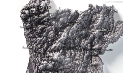 Mapa del relieve de Portugal continental · Gris lavanda · 30 × 40 cm · Detalle del norte