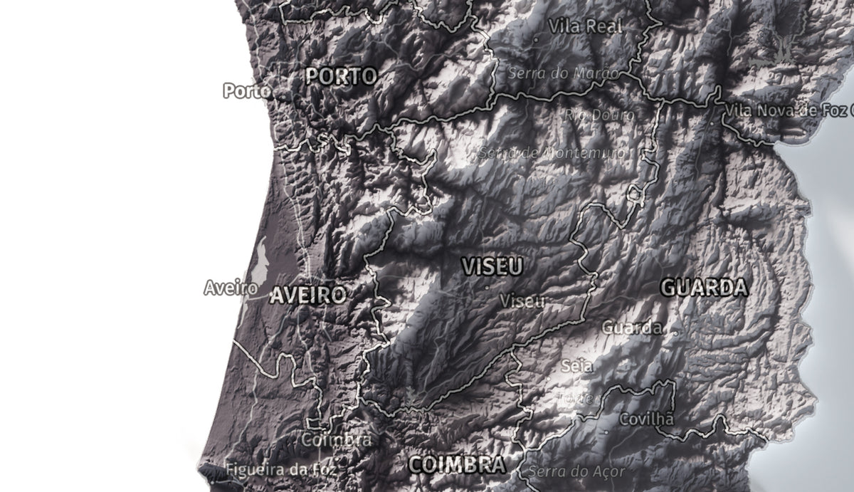Mapa del relieve de Portugal continental · Gris lavanda · 30 × 40 cm · Ciudades y límites administrativos