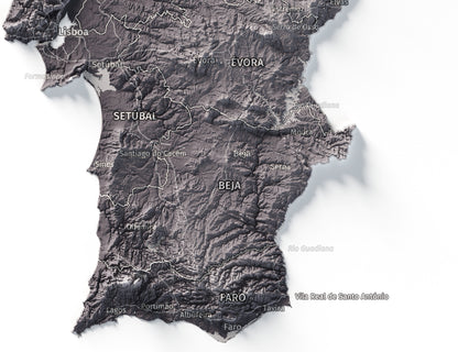 Mapa del relieve de Portugal continental · Gris lavanda · 30 × 40 cm · Detalle del sur
