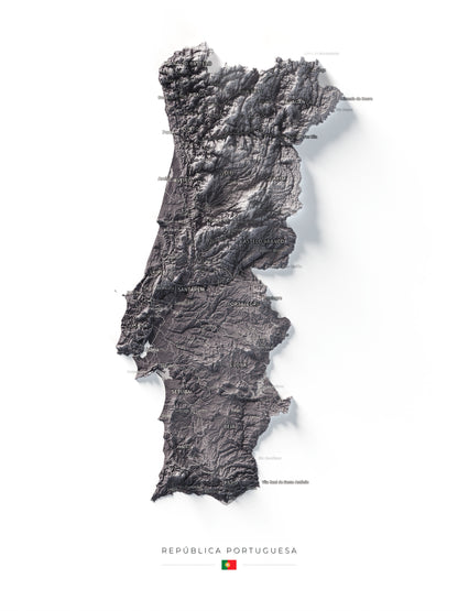 Mapa del relieve de Portugal continental · Gris lavanda · 30 × 40 cm · Vista completa