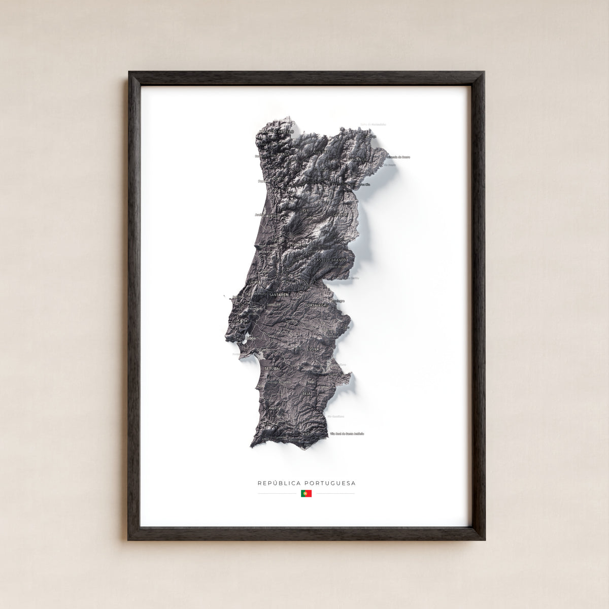 Mapa del relieve de Portugal continental · Gris lavanda · 30 × 40 cm · Lámina enmarcada