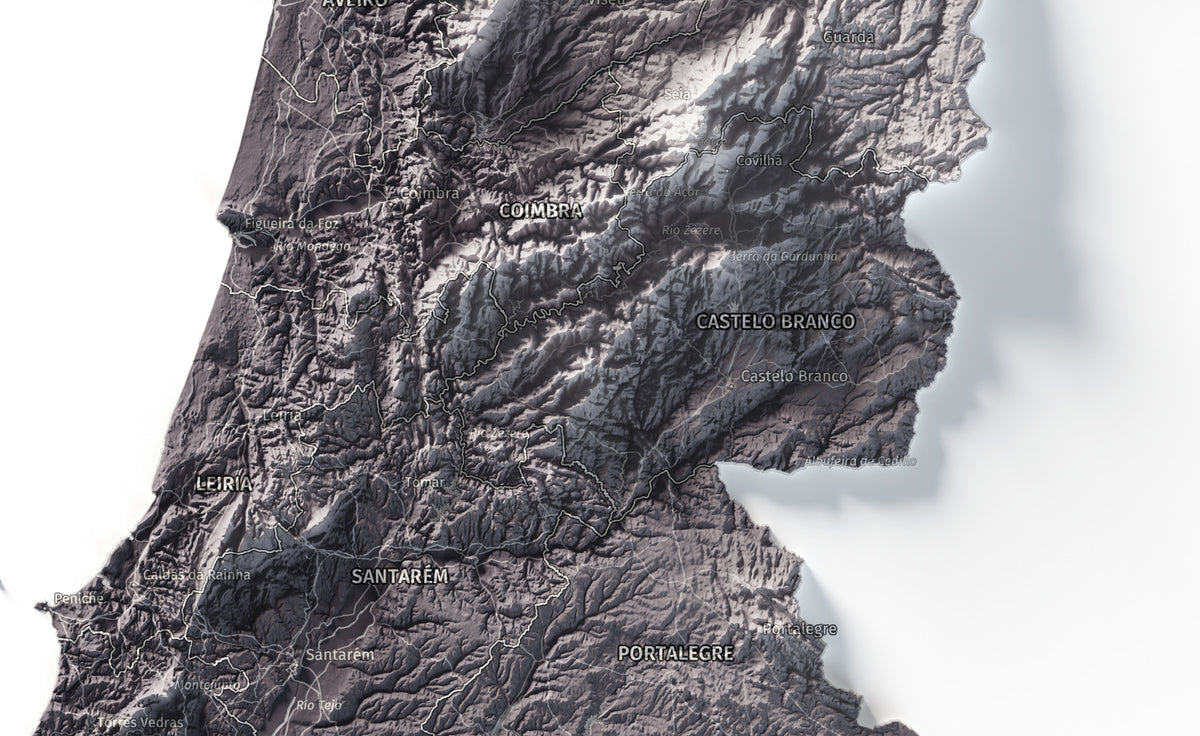 Mapa del relieve de Portugal continental · Gris lavanda · 50 × 70 cm · Detalle del centro