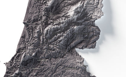 Mapa del relieve de Portugal continental · Gris lavanda · 50 × 70 cm · Detalle del centro