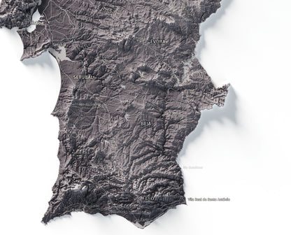Mapa del relieve de Portugal continental · Gris lavanda · 50 × 70 cm · Detalle del sur