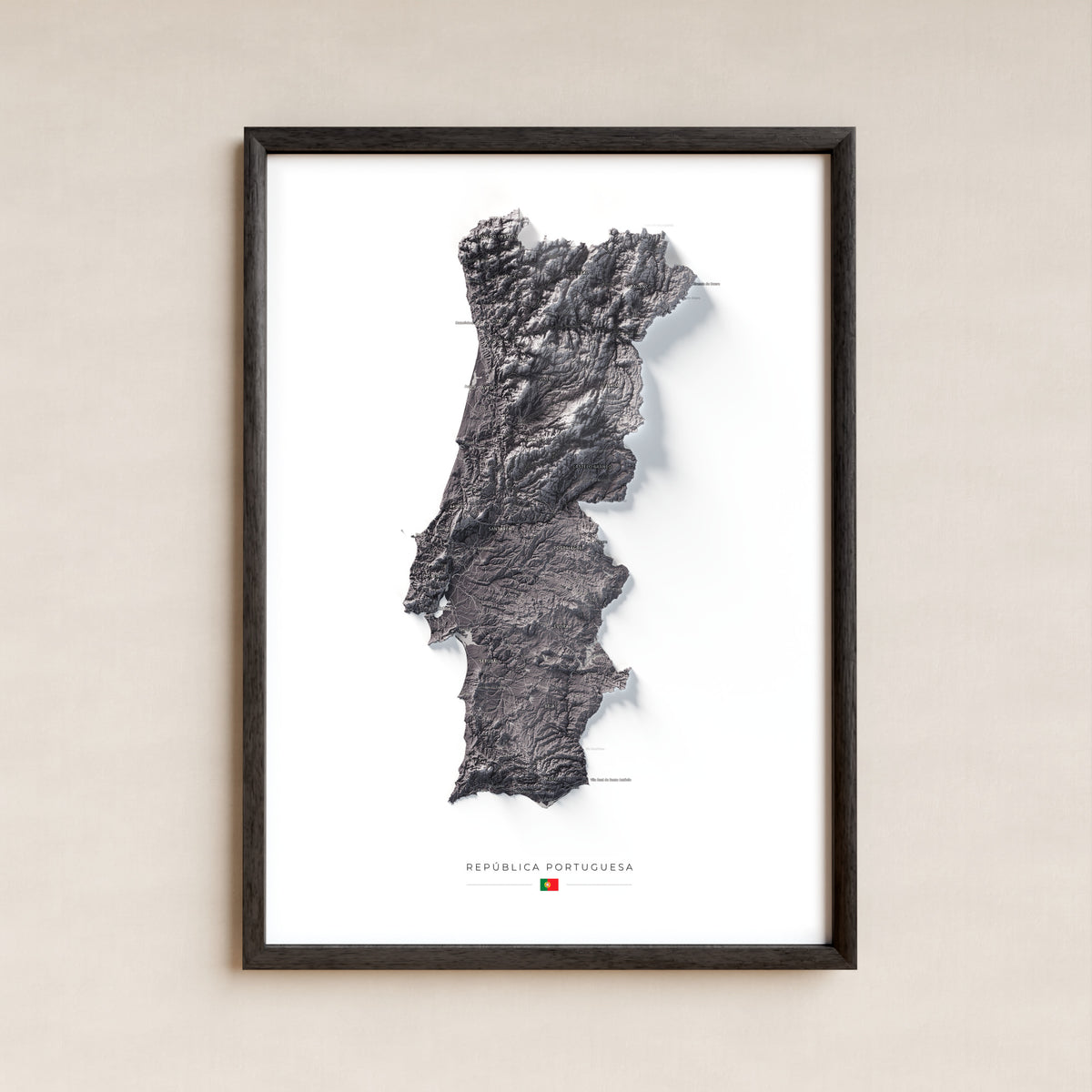 Mapa del relieve de Portugal continental · Gris lavanda · 50 × 70 cm · Lámina enmarcada