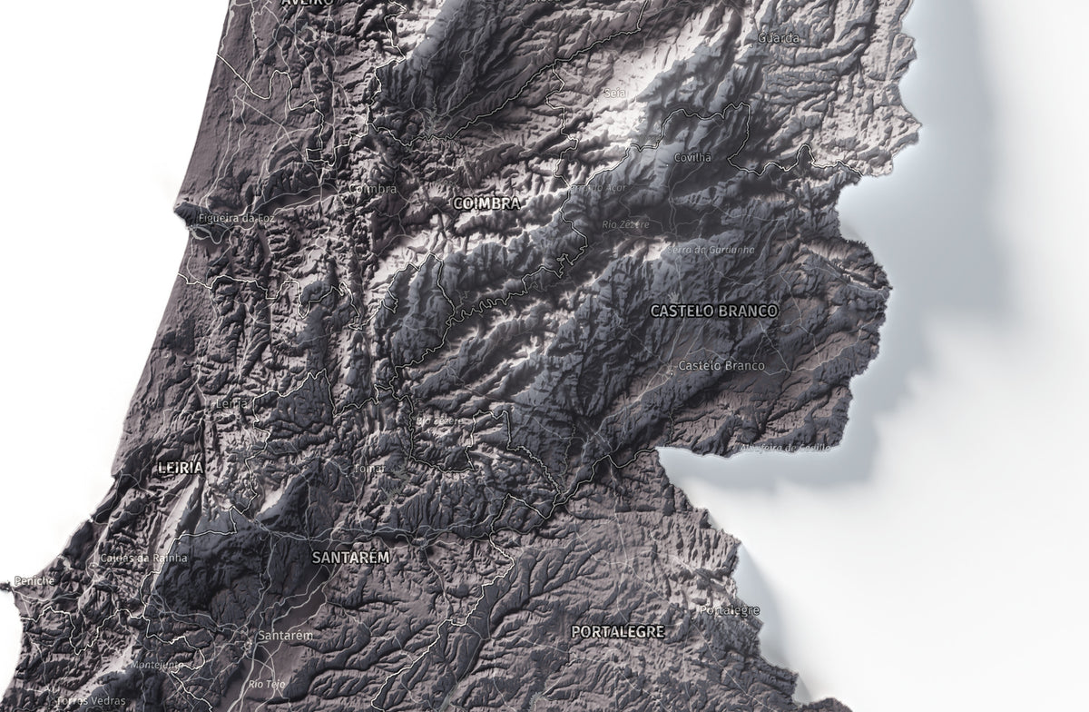Mapa del relieve de Portugal continental · Gris lavanda · 61 × 91 cm · Detalle del centro