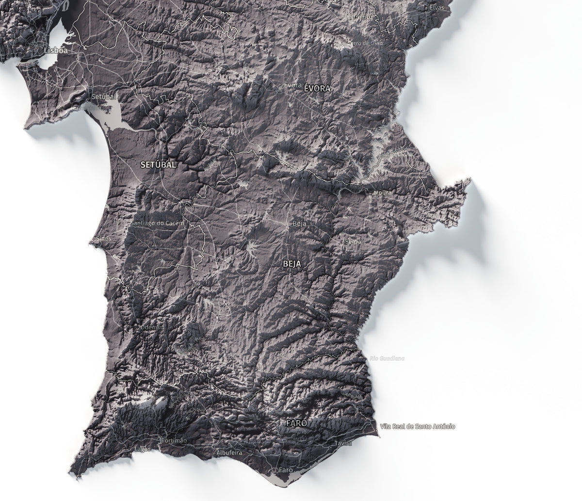 Mapa del relieve de Portugal continental · Gris lavanda · 61 × 91 cm · Detalle del sur