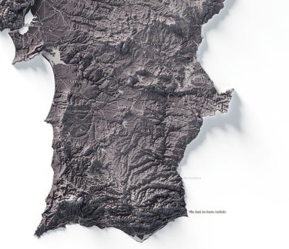 Mapa del relieve de Portugal continental · Gris lavanda · 61 × 91 cm · Detalle del sur
